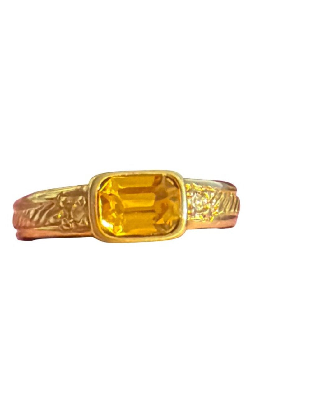18K GE Ring Rectangular Yellow CZ Rhinestone Bezel Engraved Etched Size 7.75